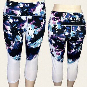 Bebe L White Multicolor Paint Splash Print 4 Way Stretch Mesh Legs Capri Pants